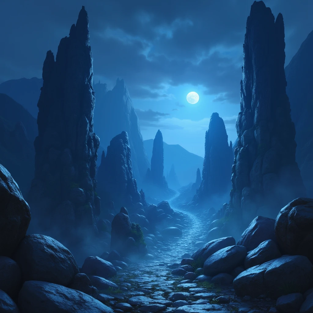 On a moonlit night, the stone forest was scattered with faint blue light, as if it were an entrance from another world. The distant mountains are faintly visible in the night, while the nearby stones are covered in silver, creating a scene that is both mysterious and full of fantasy.

full body, Professional, perfect composition, ultra-detailed, intricate details