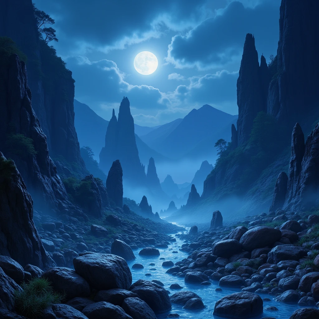 On a moonlit night, the stone forest was scattered with faint blue light, as if it were an entrance from another world. The distant mountains are faintly visible in the night, while the nearby stones are covered in silver, creating a scene that is both mysterious and full of fantasy.

full body, Professional, perfect composition, ultra-detailed, intricate details