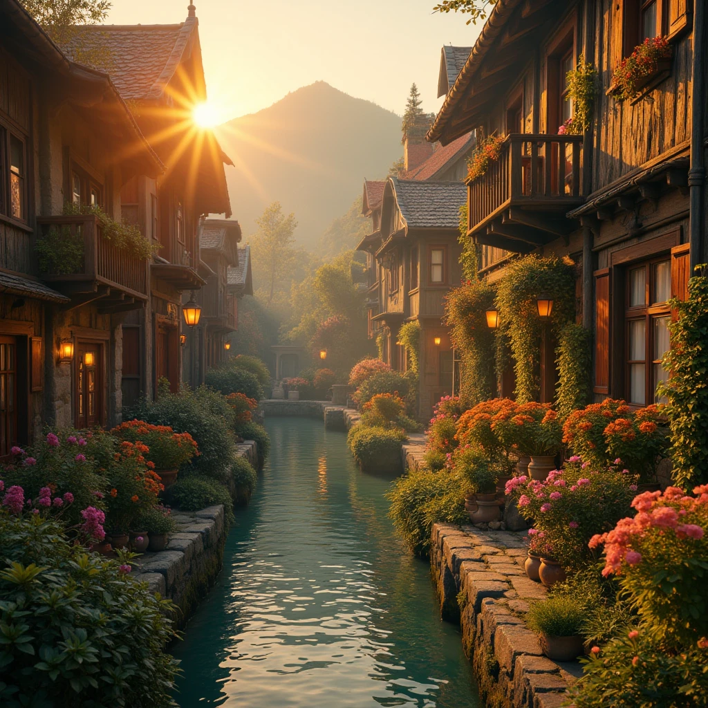 The sun has just penetrated the clouds and sprinkled on the alleys of this ancient city. The antique wooden building appears particularly warm in the morning light, and the blooming flowers on both sides of the street complement the clear river, creating a vibrant scene.

full body, Professional, perfect composition, ultra-detailed, intricate details