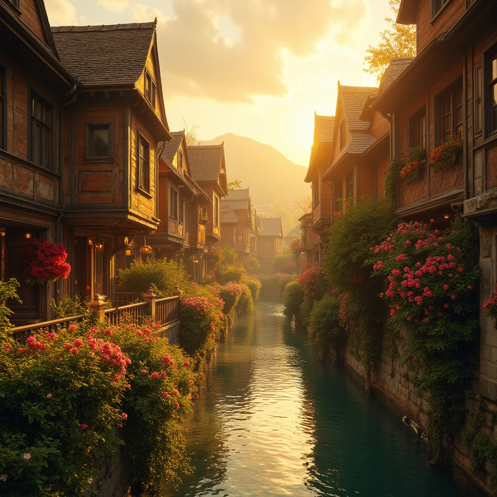 The sun has just penetrated the clouds and sprinkled on the alleys of this ancient city. The antique wooden building appears particularly warm in the morning light, and the blooming flowers on both sides of the street complement the clear river, creating a vibrant scene.

full body, Professional, perfect composition, ultra-detailed, intricate details