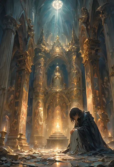 in a dimly lit cathedral, with towering stone columns and high-vaulted ceilings, a solitary figure kneels before a massive statu...