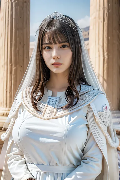 (a beautiful european teen girl with gigantic breasts), detailed face, long eyelashes, long front bangs, in a greek temple setti...