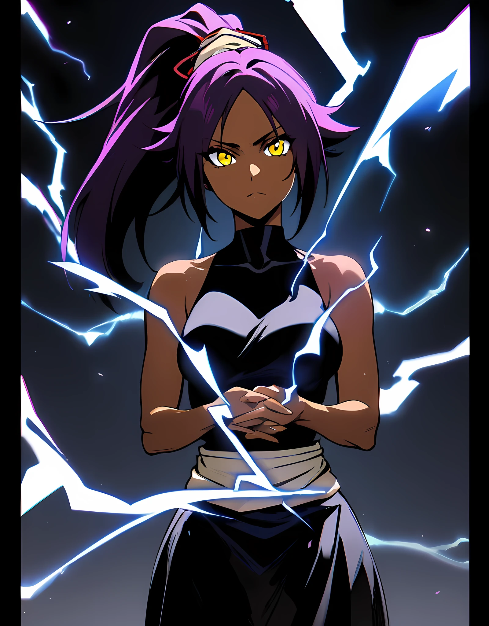 1girl, shihouin yoruichi, bleach, purple hair ,perfect yellow eyes, dark skin, noir style portrait,masterpiece, best, quality, absurdres, electric light covering her hands , current, electricity,lightening ,  Cowboy Shot,