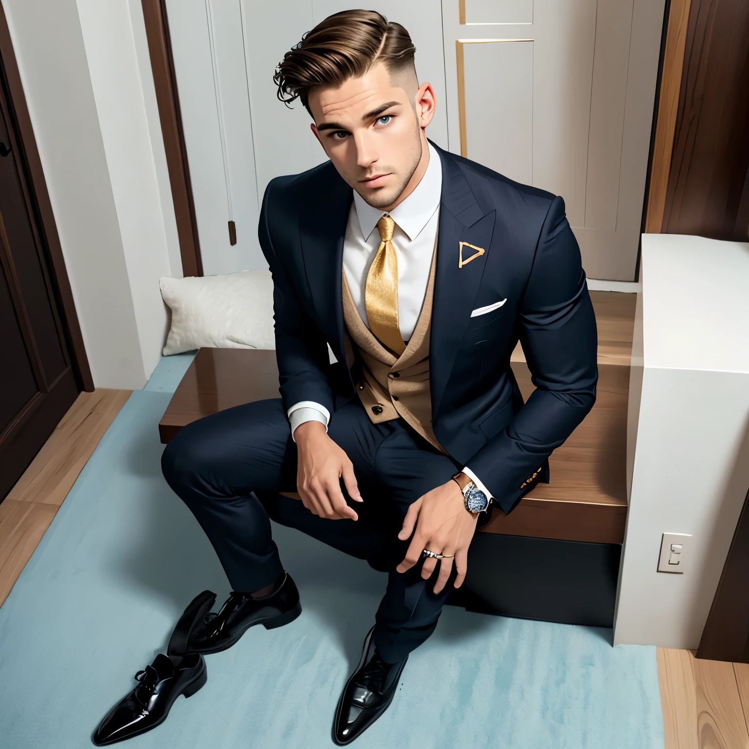 full length photo of a preppy handsome white man with preppy undercut styled brown haircut, blue eyes, most preppy dapper suit ever, gold jewelry, rings, watch, bracelets, tie, suit, dapper elegant fine shoes, thin transparent sheer blck socks, sniffing cocaina line ina  black plate