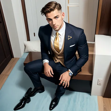 full length photo of a preppy handsome white man with preppy undercut styled brown haircut, blue eyes, most preppy dapper suit e...