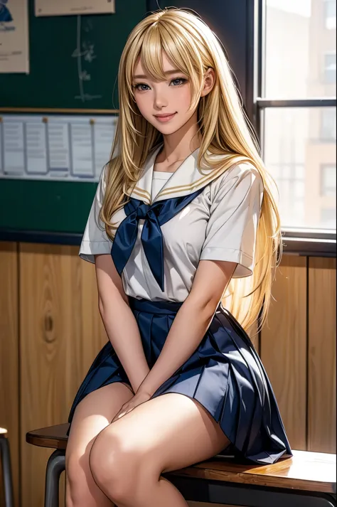 a young woman, solo, wearing a sailor uniform, sitting in a classroom, (school 1.5 in the background), (serious expression, hot ...