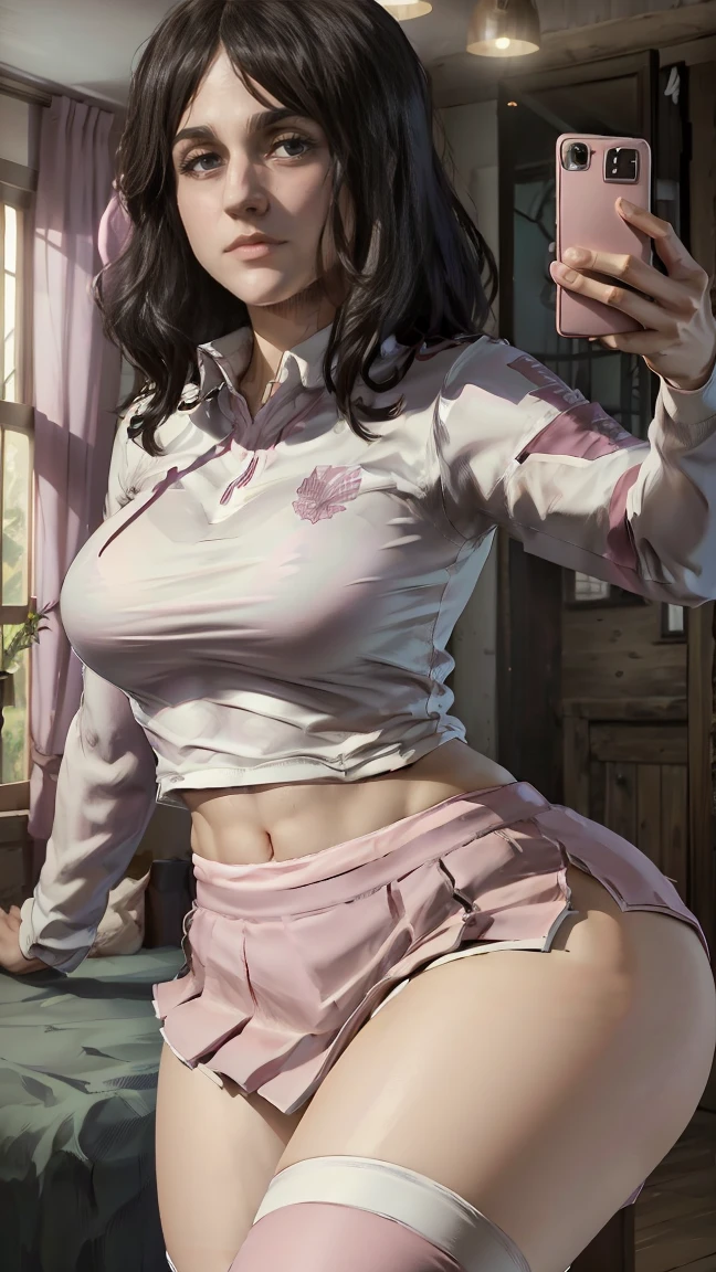 Very beautiful pieck, green eyes ((very giant breasts, very fat legs, very giant buttocks, very wide hips)), short wavy black hair ((She is in her room taking a selfie and squeezing her breasts tightly ))  ((dressed in a cheerleader uniform with a short, wide pink skirt and long white thigh-high stockings and pink sneakers), posing very sexy and sensual, Very nice room with a large window, good lighting, 4k resolution