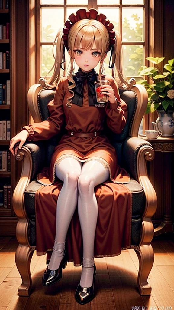 masterpiece, Please redeem, Very detailed, 16k, Ultra-high resolution, Cowboy Shot, One Girl, Detailed face, Perfect fingers, Golden Eyes, blonde,  Original Costume, Twin tails, bonnet、Red dress、White Pantyhose Cup、black shoes, Western-style building, Library ai, Sit in a luxurious chair, Drinking tea