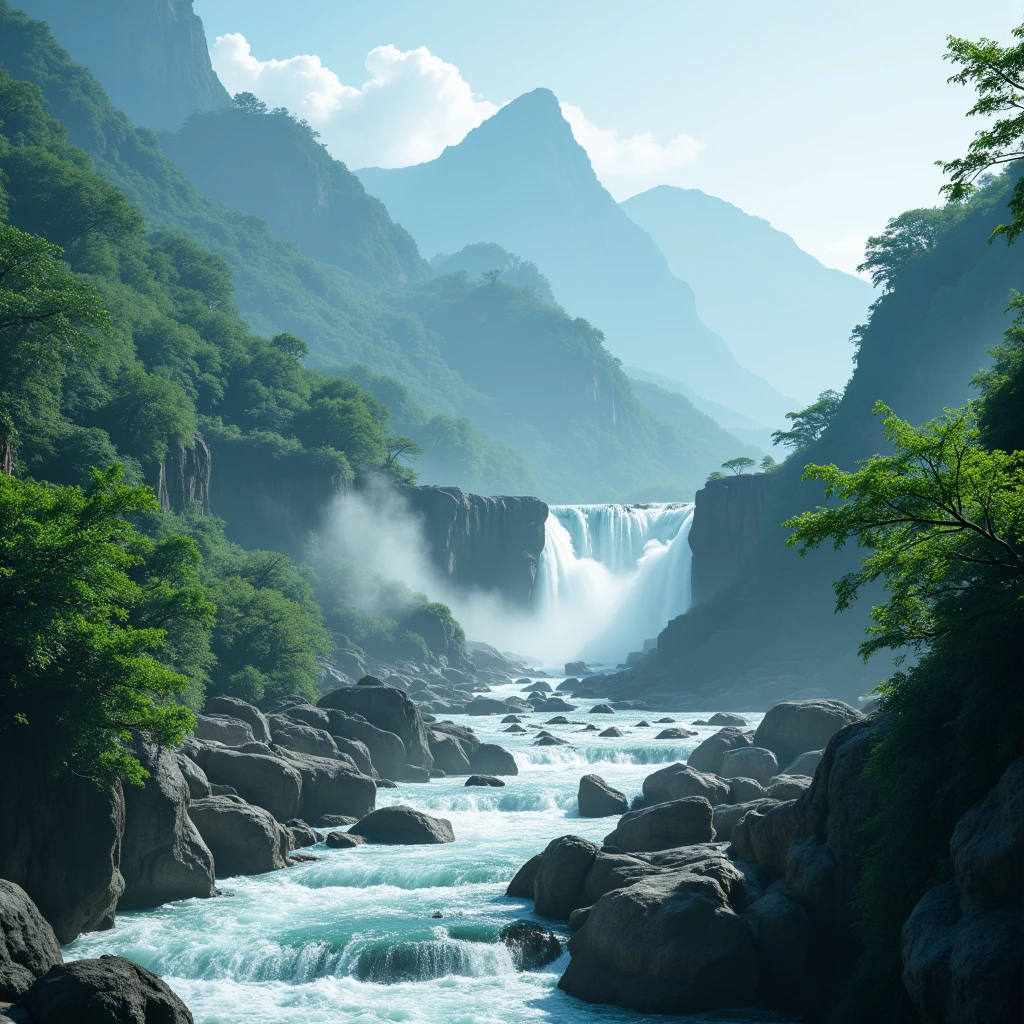 The sky after the rain is exceptionally clear, and Cangshan is surrounded by a thin mist, like a fairyland. The waterfalls in the mountains become even more surging after rain, forming a sharp contrast with the surrounding lush green vegetation, showcasing the most primitive vitality of nature.

full body, Professional, perfect composition, ultra-detailed, intricate details