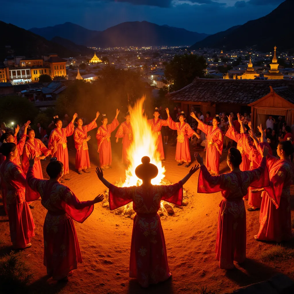 a group of people dressed in ethnic costumes sing and dance around a bonfire, with colorful costumes shining particularly bright...