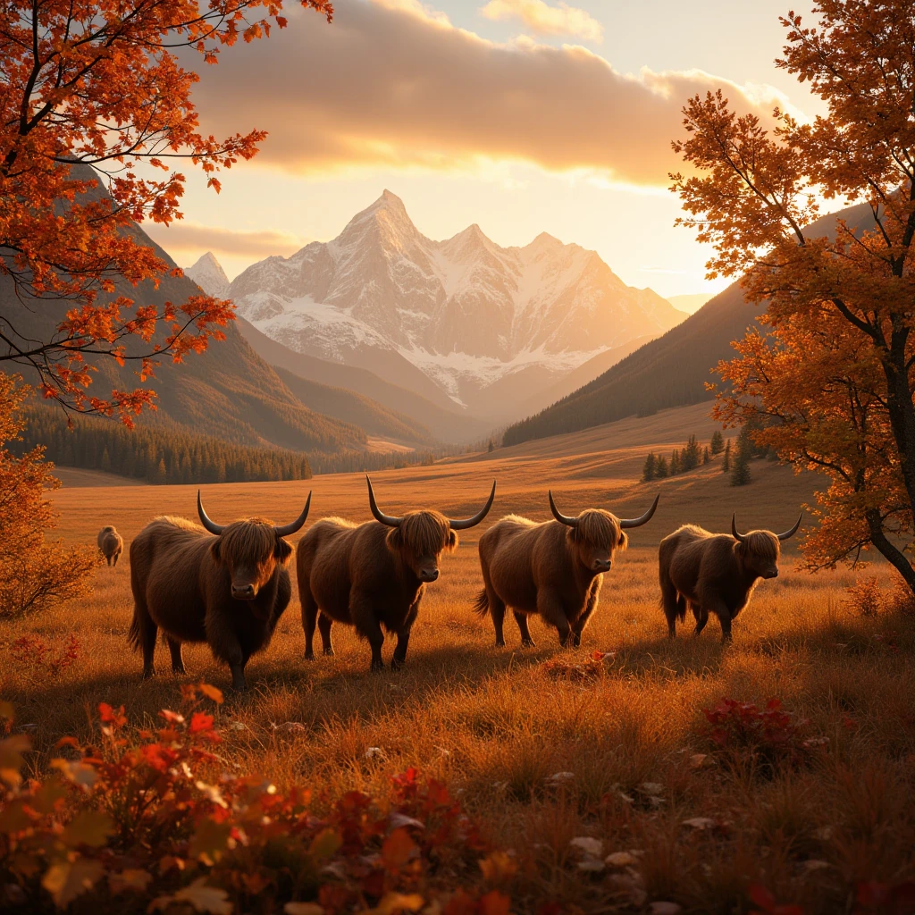 leaves interwoven with golden and deep red cover the entire valley, and the peaks of distant snow capped mountains glow with golden light in the sunset. A group of yaks leisurely stroll on the grassland, creating a peaceful and magnificent scene.

full body, Professional, perfect composition, ultra-detailed, intricate details