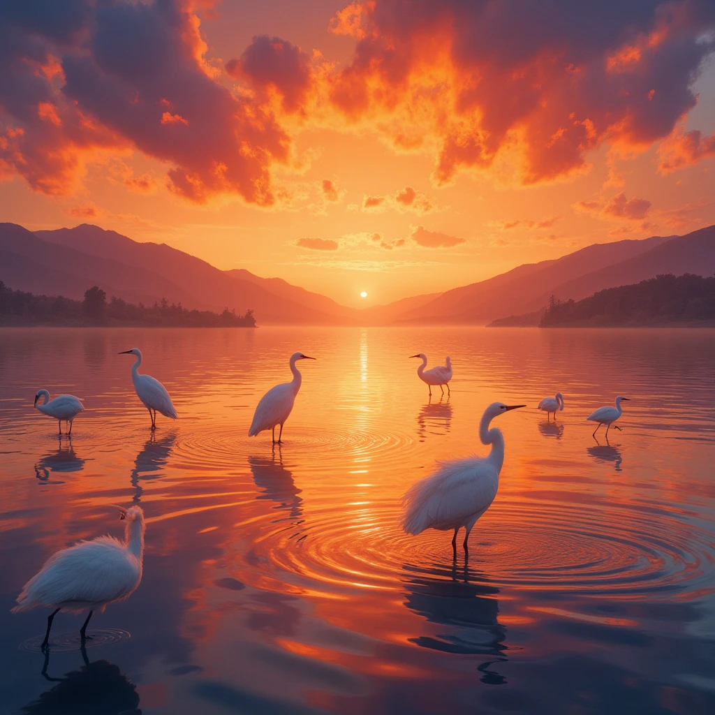 The sun is about to set at the other end of Lake, with the horizon dyed orange red and the lake reflecting a brilliant light. A few white egrets gently glide on the water surface, and the whole scene is like a moving oil painting..

full body, Professional, perfect composition, ultra-detailed, intricate details