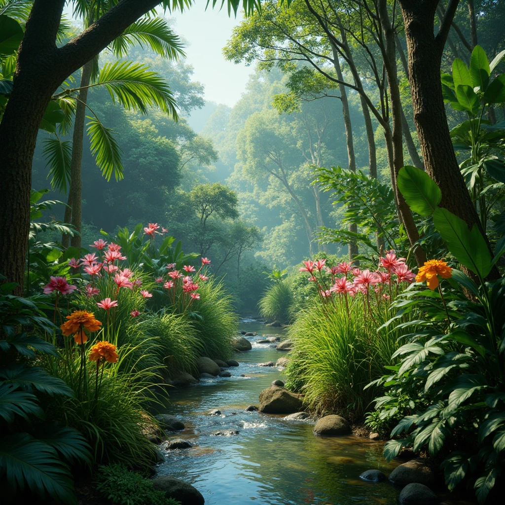 In the dense tropical rainforest, various exotic flowers and grasses compete for beauty. A clear stream winds through the forest, and sunlight shines through the treetops, creating a mysterious and beautiful atmosphere.

full body, Professional, perfect composition, ultra-detailed, intricate details