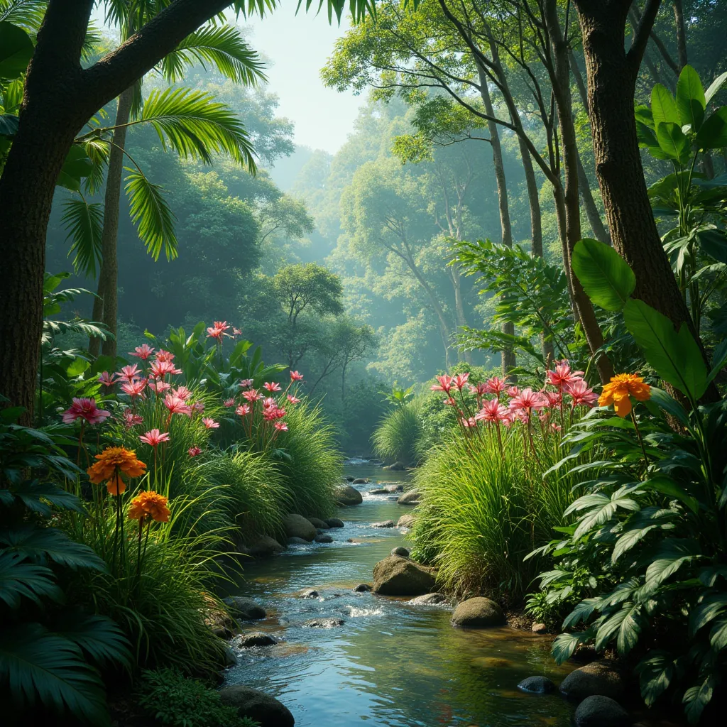 in the dense tropical rainforest, various exotic flowers and grasses compete for beauty. a clear stream winds through the forest...