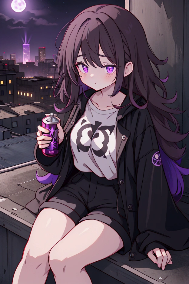 A short woman with long brown hair, purple eyes, circles under her eyes, a sleepy look (slightly dead appearance) and pale skin. She is wearing a black raincoat, undershirt and black shorts. She is sitting on the roof of an abandoned building and drinking a can of energy drink. It's night outside.