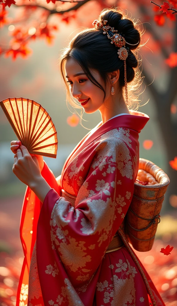 Beautiful Japanese Woman、high quality kimono、Long, narrow eyes、A captivating smile、She is dancing a sensual and elegant dance with a folding fan., Beautiful profile, Detailed face, Beautiful Hair, Shining Hairpin, Intricate kimono patterns, Anatomically correct finger structure, A fantastical world with red leaves dancing around her, Cinematic Lighting, Colors illuminated by the morning sun, High resolution, Realistic, masterpiece