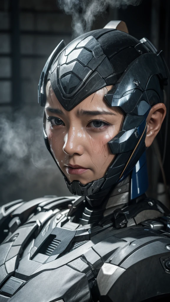 Best Quality　8k (War Machine)　Cyborg middle-aged woman　　Sweaty face　　short hair　　Steam coming out of my head　My hair is wet with sweat　Black Hair　　Full body portrait　Only the face is exposed　orgasm