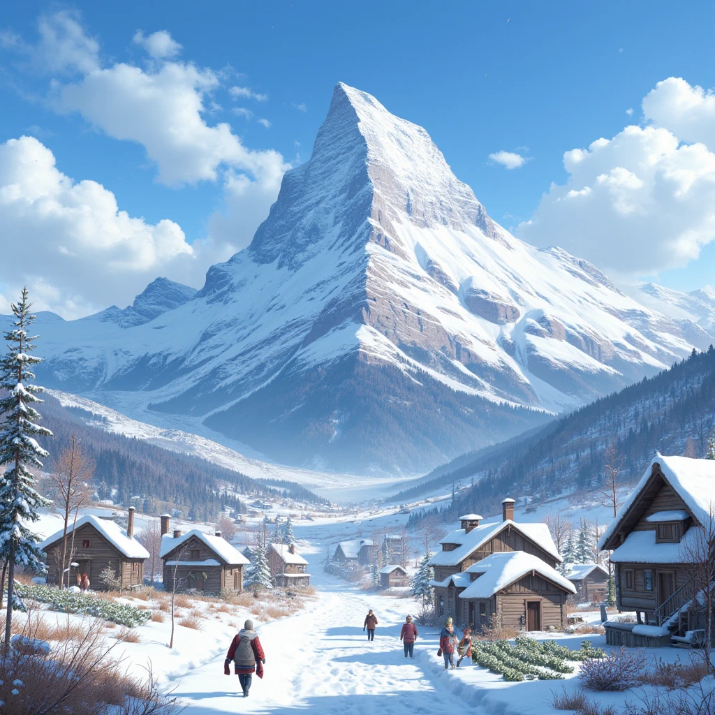 Snow Mountain appears particularly majestic against the backdrop of blue sky and white clouds, and at the foot of the mountain is a quiet and peaceful small village. The villagers' lives are simple and happy, with various crops planted around their houses, showcasing a beautiful picture of harmonious coexistence between humans and nature.

full body, Professional, perfect composition, ultra-detailed, intricate details