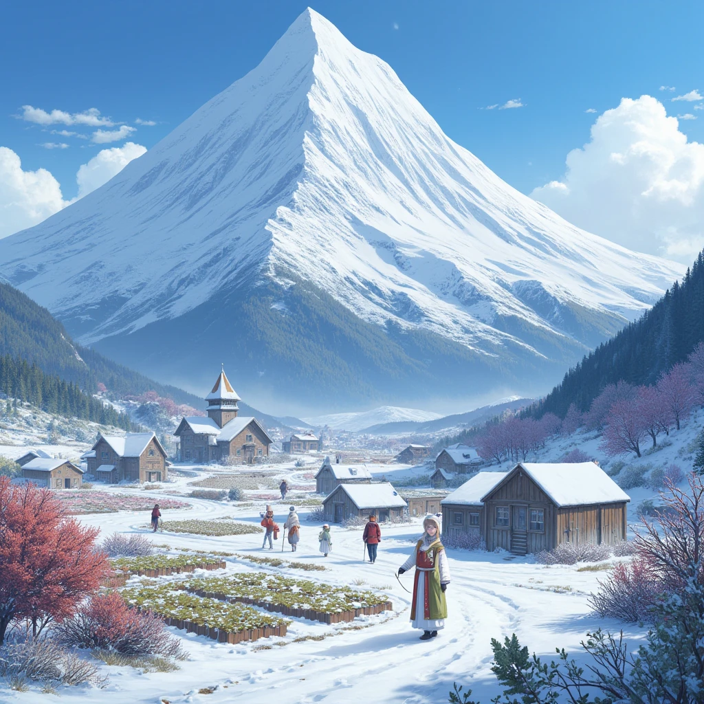 Snow Mountain appears particularly majestic against the backdrop of blue sky and white clouds, and at the foot of the mountain is a quiet and peaceful small village. The villagers' lives are simple and happy, with various crops planted around their houses, showcasing a beautiful picture of harmonious coexistence between humans and nature.

full body, Professional, perfect composition, ultra-detailed, intricate details