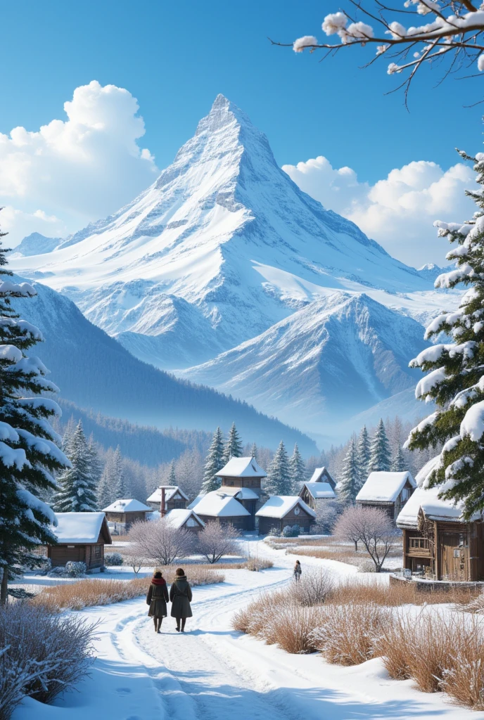 Snow Mountain appears particularly majestic against the backdrop of blue sky and white clouds, and at the foot of the mountain is a quiet and peaceful small village. The villagers' lives are simple and happy, with various crops planted around their houses, showcasing a beautiful picture of harmonious coexistence between humans and nature.

full body, Professional, perfect composition, ultra-detailed, intricate details