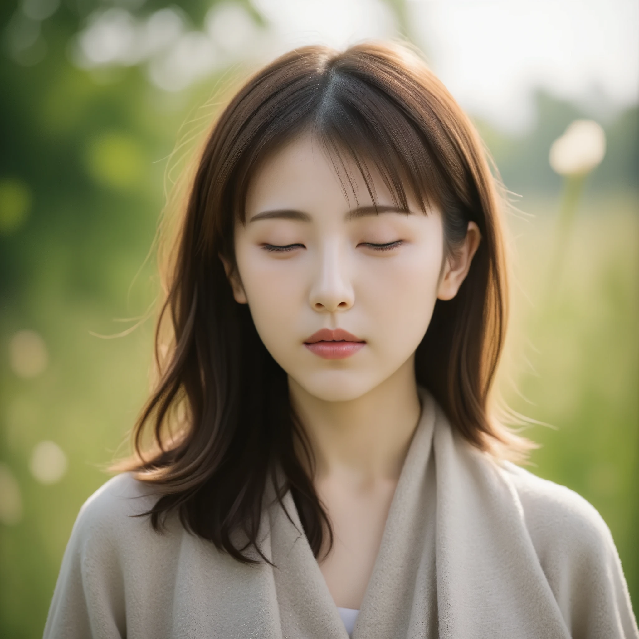 A photorealistic portrait of a young woman standing outdoors in a soft, natural setting. She is wrapped in a light shawl, and the sunlight gently illuminates her face as she closes her eyes in a moment of peaceful reflection. The focus is on her serene expression, with her long hair subtly catching the light. The background is blurred with greenery and soft grass, creating a calm and poetic atmosphere. The scene captures a sense of quiet introspection, with the soft lighting and natural surroundings enhancing the overall feeling of tranquility.