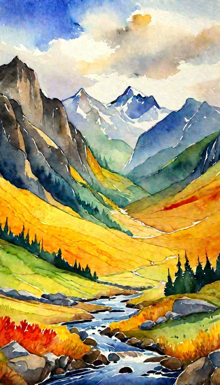 painting of a mountain scene with a stream running through it, autumn mountains, painted landscape, watercolor colored painting, watercolor landscape, mountain landscape, colorful landscape painting, vibrant gouache painting scenery, colorful watercolor painting, scenery artwork, mountain valley, scenery art detailed, landscape illustration, mountainous landscape, by Franz Hegi, vibrant watercolor painting, by Anna Haifisch