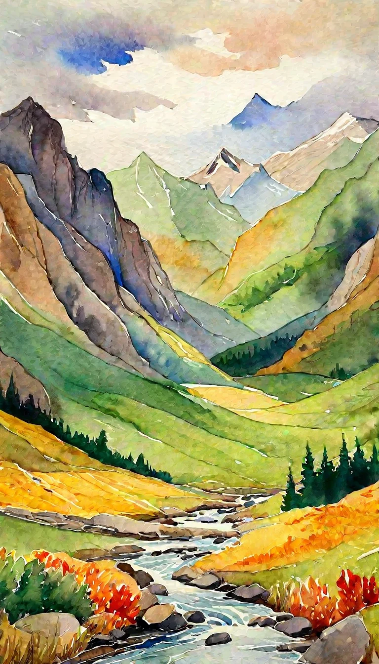 painting of a mountain scene with a stream running through it, autumn mountains, painted landscape, watercolor colored painting, watercolor landscape, mountain landscape, colorful landscape painting, vibrant gouache painting scenery, colorful watercolor painting, scenery artwork, mountain valley, scenery art detailed, landscape illustration, mountainous landscape, by Franz Hegi, vibrant watercolor painting, by Anna Haifisch