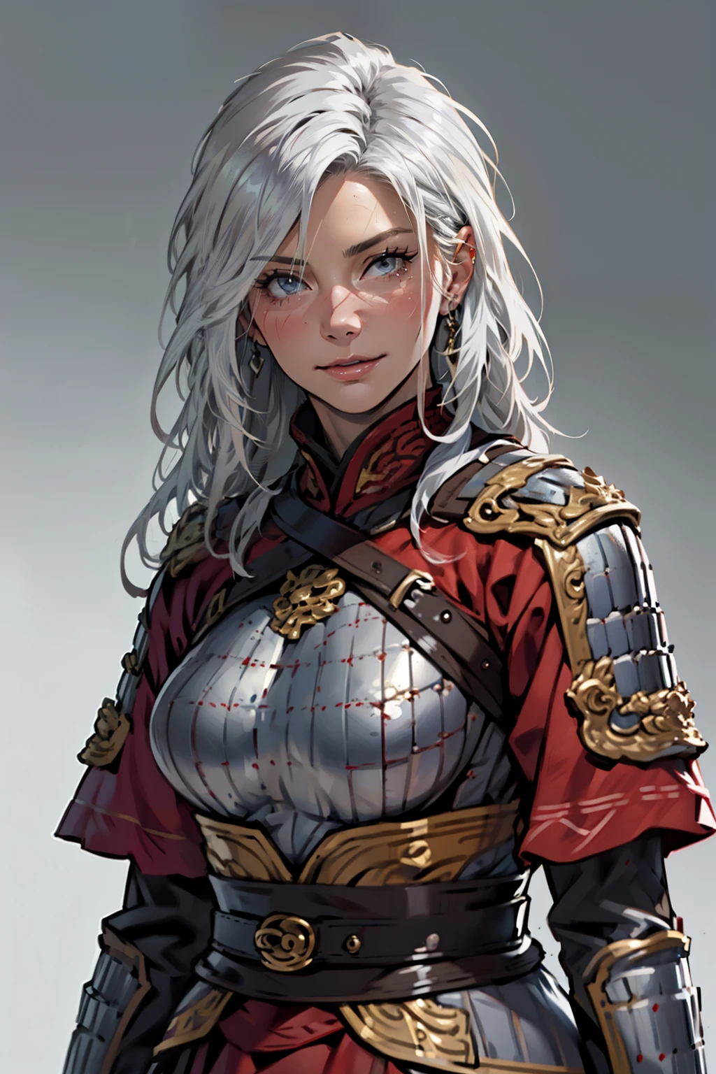 (high resolution, pixel perfect, gorgeous illustrations), (hyper quality, muste piece, etheric: 1.4), ((cowboy_shot)), 1woman, ((((40-year-old woman with age-appropriate wrinkles)))), face focus, leaning forward, cool atmosphere, ((((white hair, long hair)))), ((Exquisite face)), (Wrinkles:1.7), (((muscular_female))), ((medium breasts)), (((wh_chi_armor))), wrinkled skin, gleaming skin, simple background,