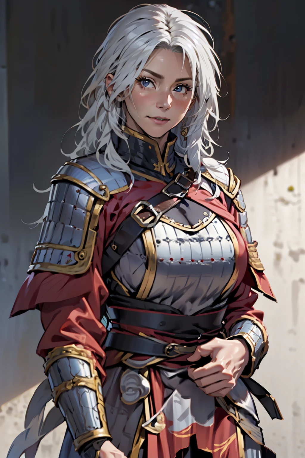 (high resolution, pixel perfect, gorgeous illustrations), (hyper quality, muste piece, etheric: 1.4), ((cowboy_shot)), 1woman, ((((40-year-old woman with age-appropriate wrinkles)))), face focus, leaning forward, cool atmosphere, ((((white hair, long hair)))), ((Exquisite face)), (Wrinkles:1.7), (((muscular_female))), ((medium breasts)), (((wh_chi_armor))), wrinkled skin, gleaming skin, simple background,