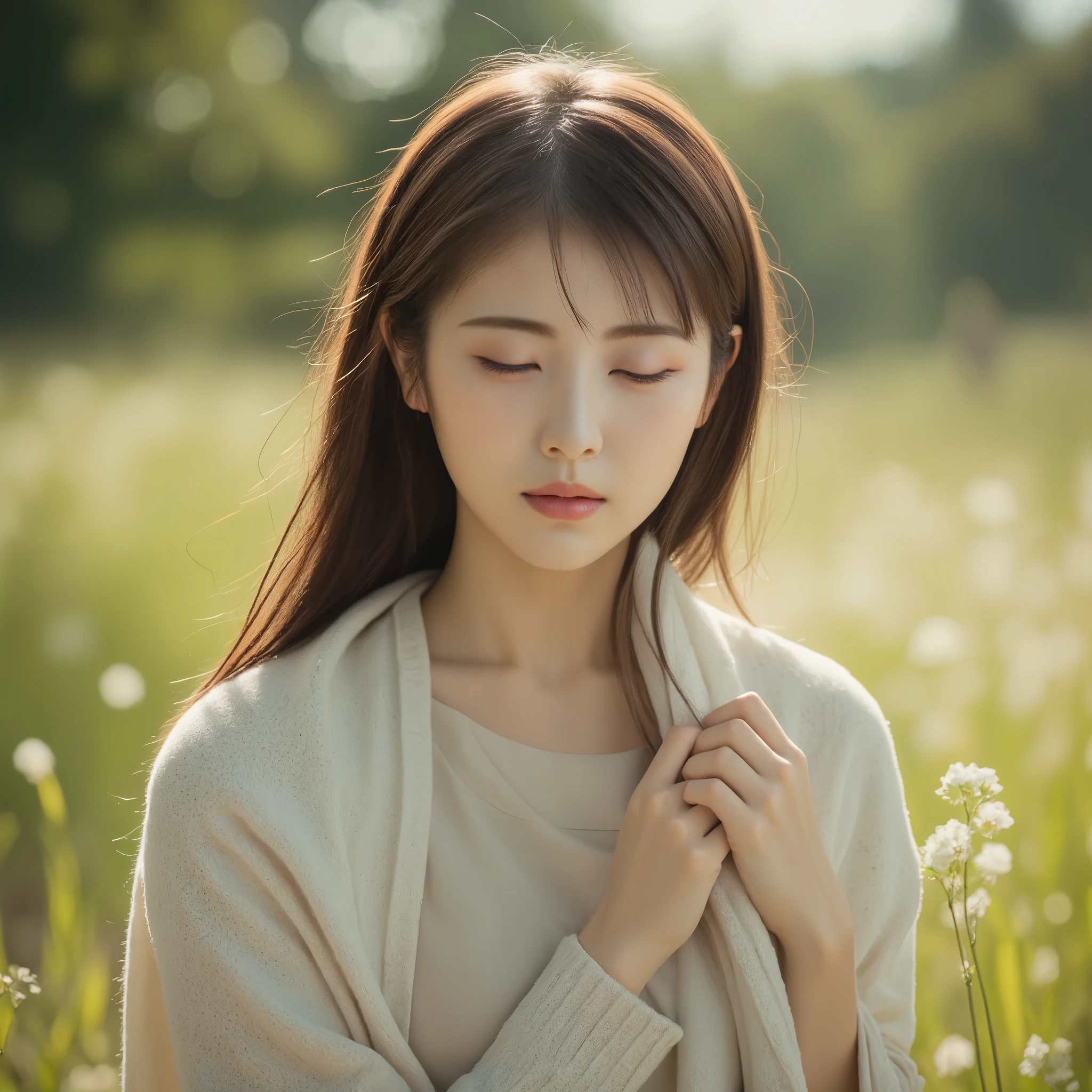 A photorealistic portrait of a young woman standing outdoors in a soft, natural setting. She is wrapped in a light shawl, and the sunlight gently illuminates her face as she closes her eyes in a moment of peaceful reflection. The focus is on her serene expression, with her long hair subtly catching the light. The background is blurred with greenery and soft grass, creating a calm and poetic atmosphere. The scene captures a sense of quiet introspection, with the soft lighting and natural surroundings enhancing the overall feeling of tranquility.