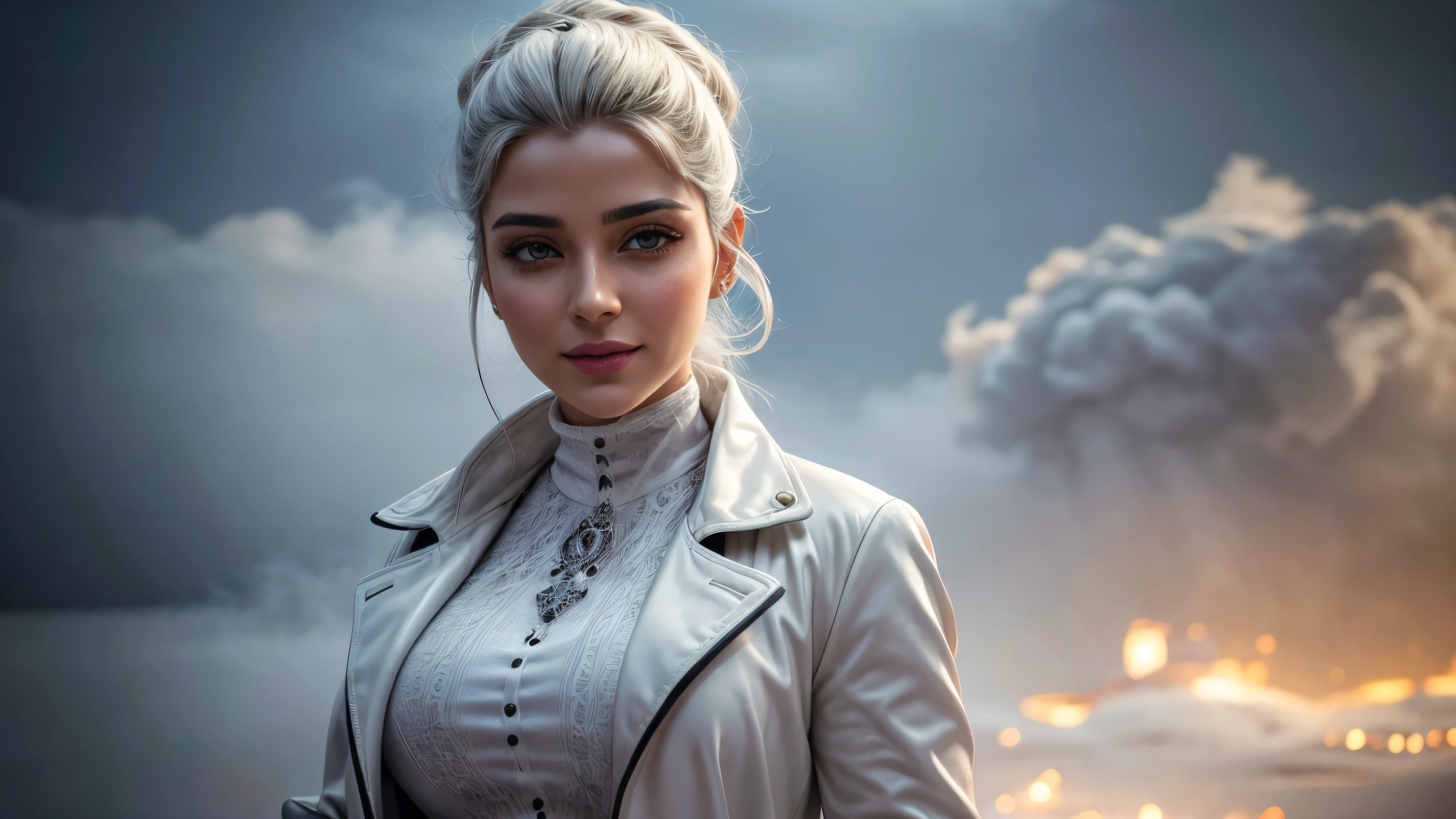 masterpiece, best quality, extremely detailed, hyperrealistic, photorealistic, a cool 30s arabic woman, perfect body, ultra detailed face:1.1, white coat, white shirt, half updo, white hair, smiling, nightmarish, mystical fog, smoke, standing