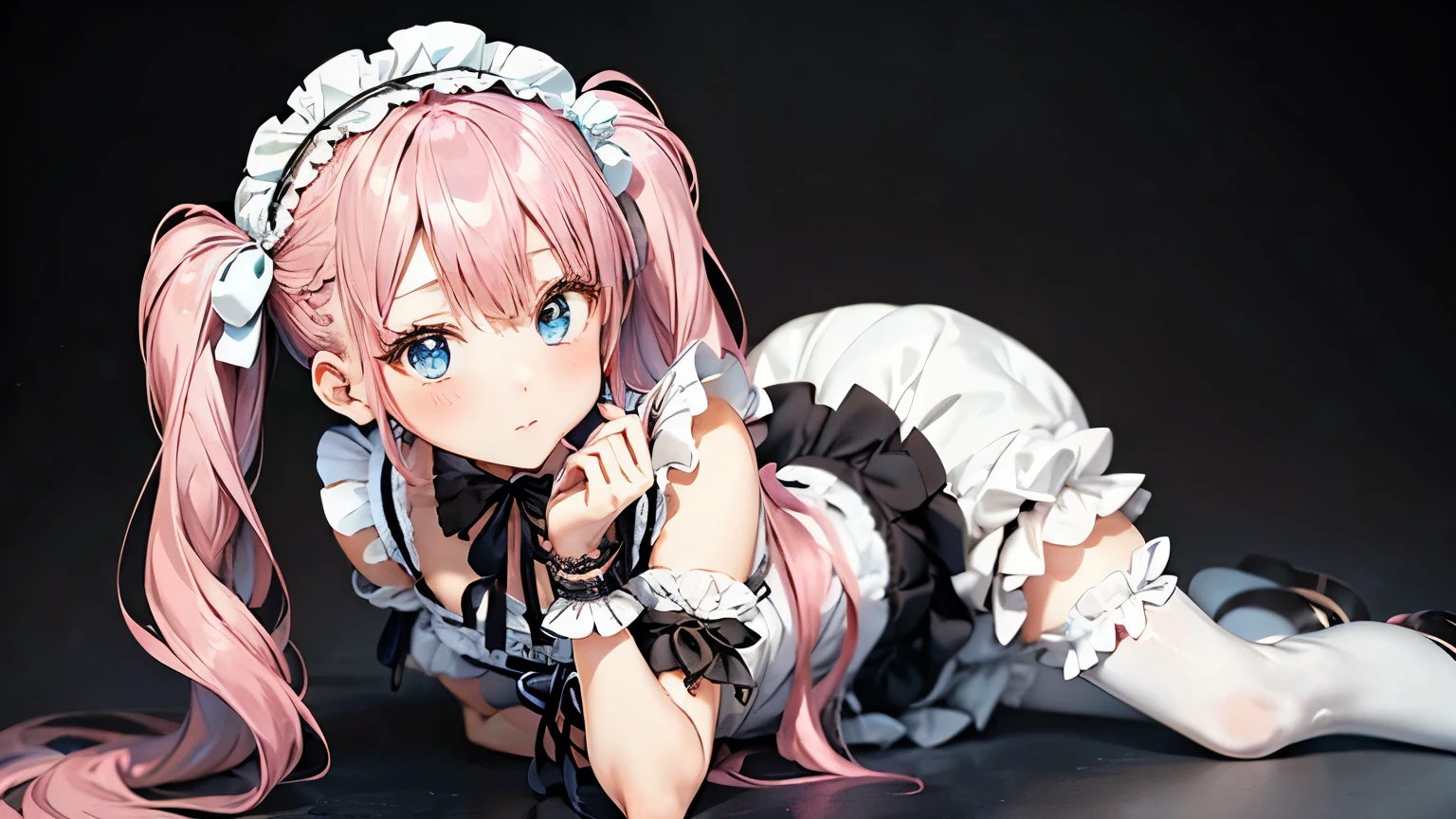 "A cute anime-style girl with pink hair styled in large, tied twin tails, light blue eyes, wearing a frilly Gothic Lolita fashion outfit based on black, a white frilly headband with many frills on her head, white tights, and white loafers."