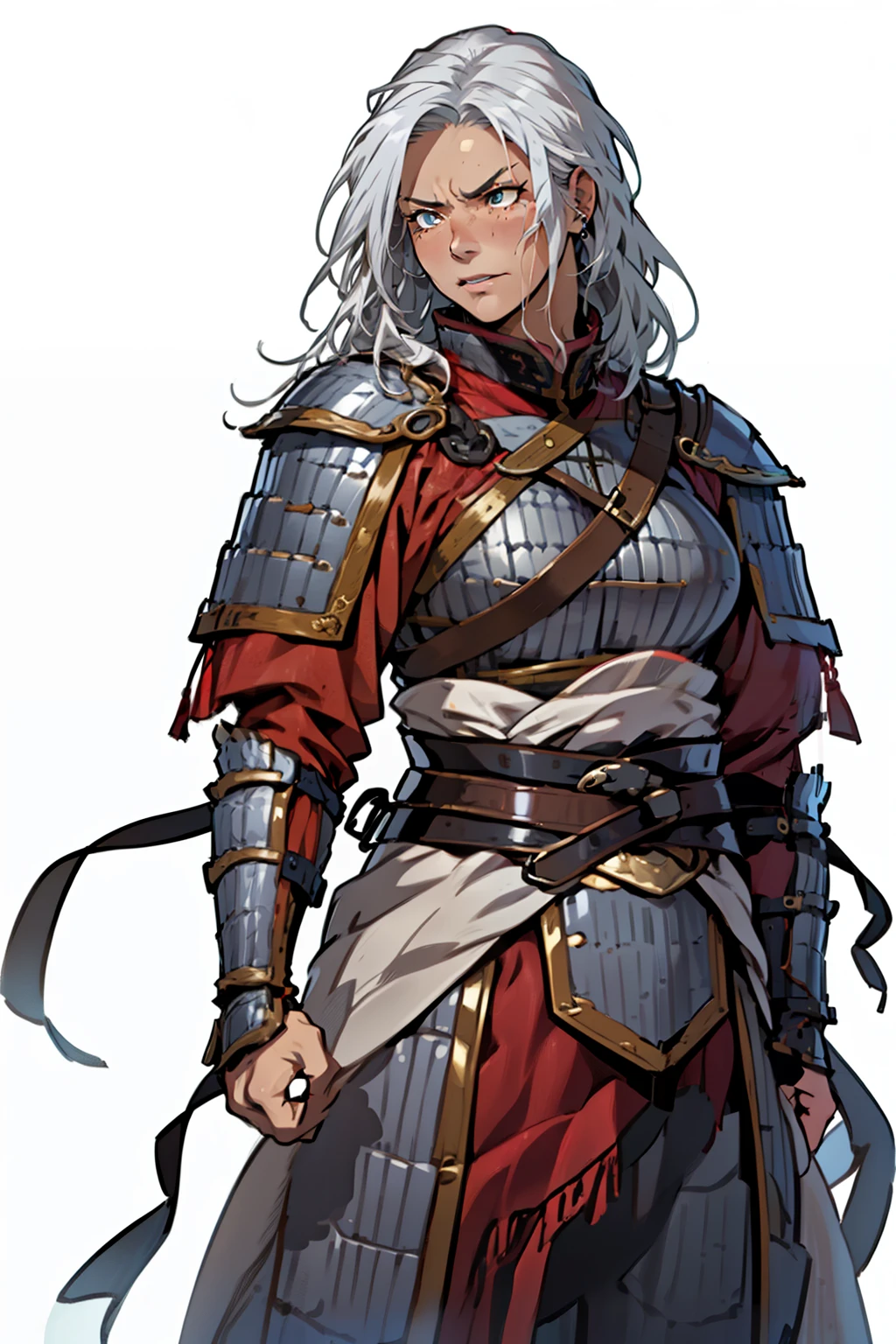 (high resolution, pixel perfect, gorgeous illustrations), (hyper quality, muste piece, etheric: 1.4), ((cowboy_shot)), 1woman, ((((40-year-old woman with age-appropriate wrinkles)))), face focus, leaning forward, cool atmosphere, ((((white hair, long hair)))), ((angry, glaring)), (Wrinkles:1.7), (((nasolabial folds))), (((muscular_female))), ((medium breasts)), (((wh_chi_armor))), wrinkled skin, gleaming skin, simple background,