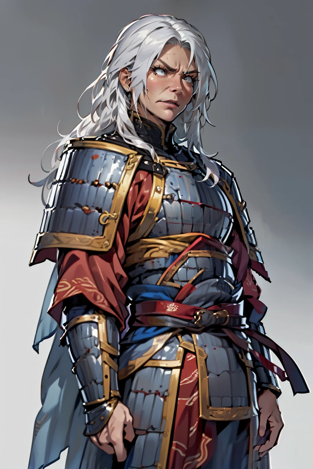 (high resolution, pixel perfect, gorgeous illustrations), (hyper quality, muste piece, etheric: 1.4), ((cowboy_shot)), 1woman, ((((40-year-old woman with age-appropriate wrinkles)))), face focus, leaning forward, cool atmosphere, ((((white hair, long hair)))), ((angry, glaring)), (Wrinkles:1.7), (((nasolabial folds))), (((muscular_female))), ((medium breasts)), (((wh_chi_armor))), wrinkled skin, gleaming skin, simple background,