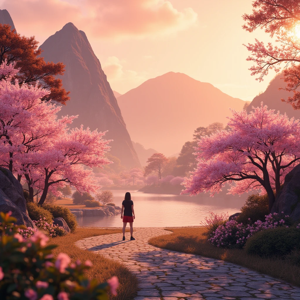 beautiful landscape, beautiful scenery, scenic nightfall landscape, sakura garden, mountains, lake, golden hour, haze, low angle, vivid colours, luminous. full body, Professional, perfect composition, ultra-detailed, intricate details