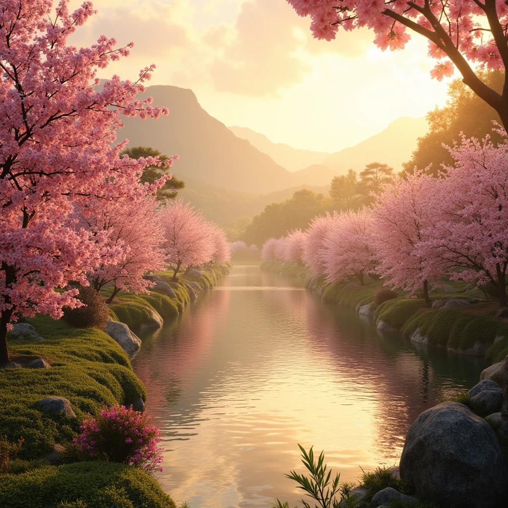 beautiful landscape, beautiful scenery, scenic nightfall landscape, sakura garden, mountains, lake, golden hour, haze, low angle, vivid colours, luminous. full body, Professional, perfect composition, ultra-detailed, intricate details