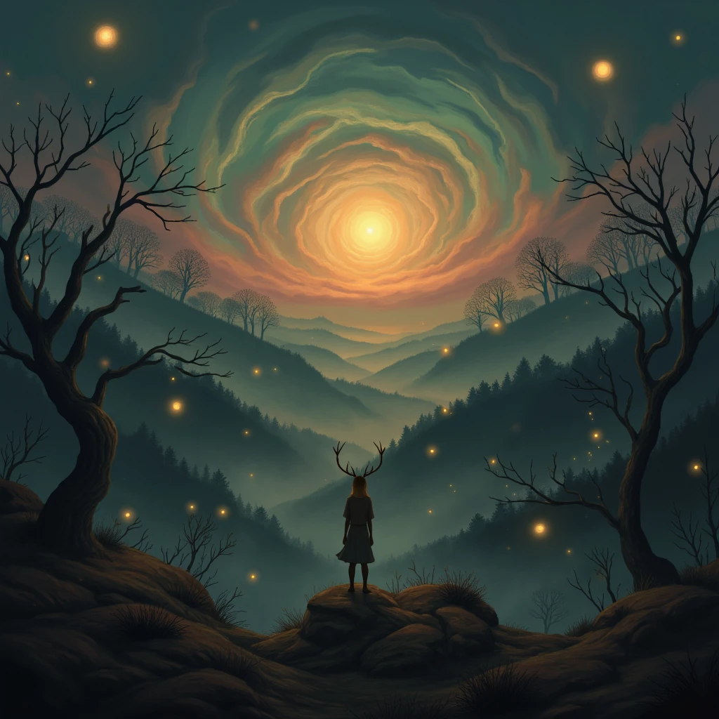 atmospheric image by Andy Kehoe, icture a vast, layered forest landscape, where glowing trees with twisting branches rise towards a mystical, twilight sky. A solitary figure with antlers stands on a hill, their form softly glowing amidst the deep, muted tones of the landscape. Around them, floating orbs of light drift through the air, while the fog gently weaves through the trees, obscuring hidden creatures with glowing eyes peeking from the shadows. The sky above is a swirling blend of burnt oranges, purples, and greens, creating an otherworldly, dreamlike atmosphere. The entire scene feels timeless, caught between reality and fantasy, inviting the viewer to linger in its mystery. full body, Professional, perfect composition, ultra-detailed, intricate details