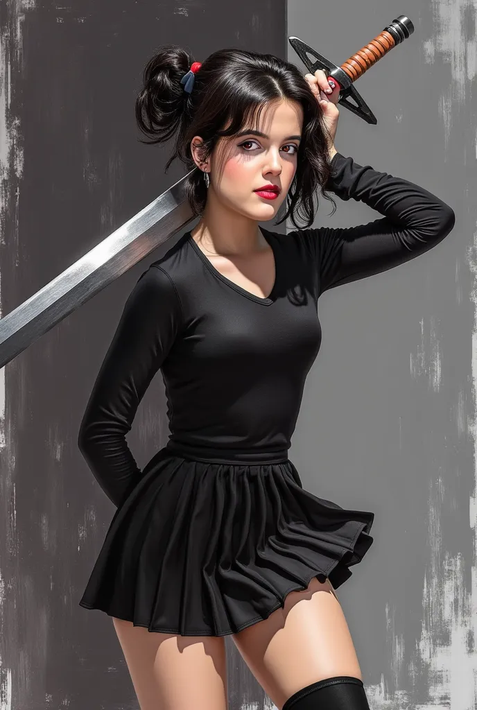 realistic depiction of a young woman in a dynamic pose, she is depicted in a powerful stance, holding a large, silver sword with...