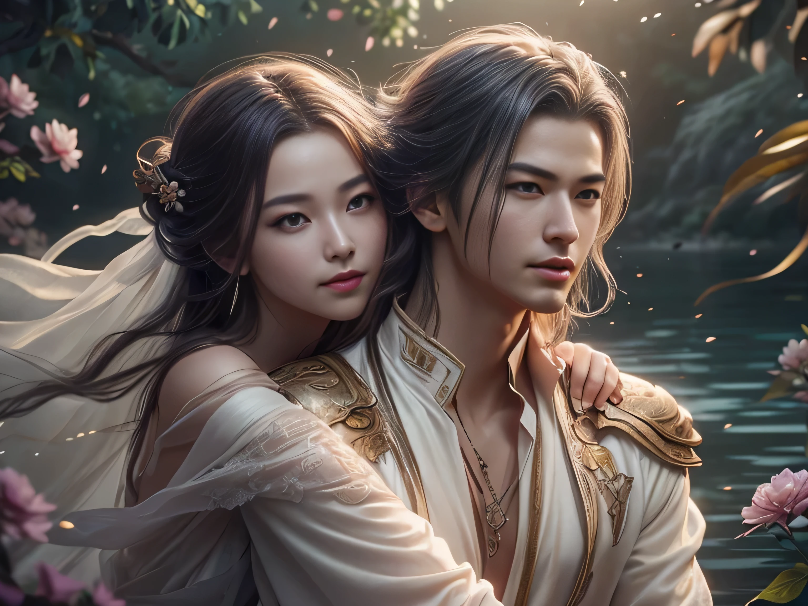 (Best Quality, Super Detail, Masterpiece, Representative Work, Official Art, Professional, Super Fine Detail, 8k:1.3), (photorealism:1.2), (Couple, Beautiful Girl and Boy), A couple in the sea of flowers, Handsome guy hugs beautiful girl from behind, Smiling and Wearing White Clothes, Delicate Hair, Chinese Beauty and Handsome Man, Wearing Ancient Chinese Clothes, Flowing Tulle, Light Silk, Create a movie poster similar to those used in Chinese romantic fantasy dramas, Correct proportions, Perfect face, perfect hands, Sweet atmosphere, Photorealistic, Sharp Focus, Dreamy Atmosphere, Delicate Details, Soft Volumetric Light, (Backlight:1.3), (Cinematic:1.2), Intricate Details, (ArtStation:1.3)