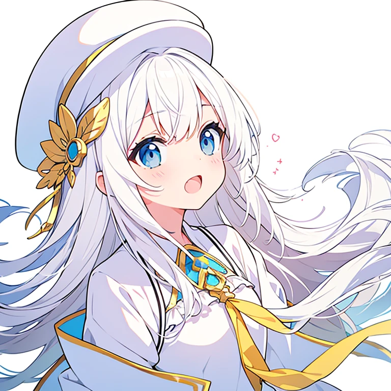 Swimwear、Mouth open、Pure white background、White hat with gold decoration、Long white hair