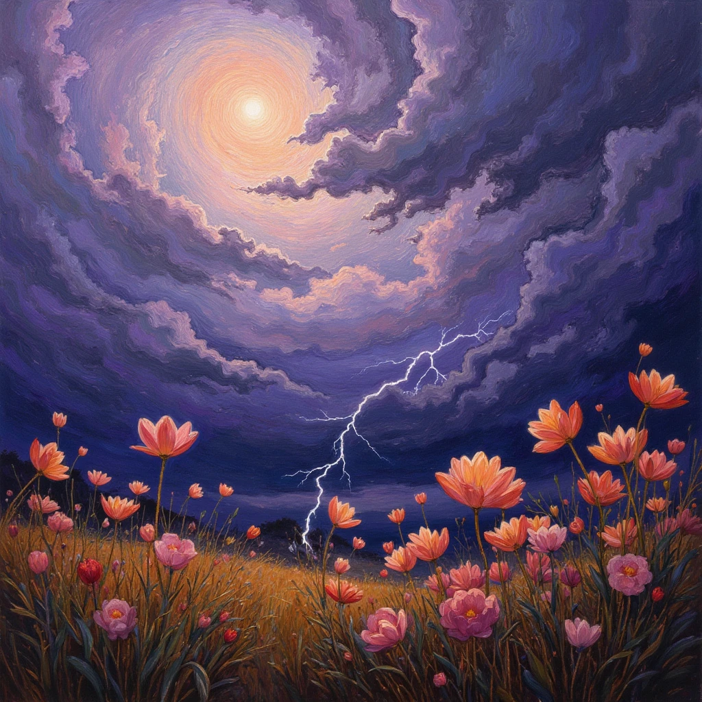 Delicate flowers dance in the foreground, their petals translucent and fragile, contrasting sharply with the tumultuous storm clouds gathering behind them. The sky is a roiling mass of deep purples and menacing grays, illuminated by flashes of lightning that cast an otherworldly glow across the scene. In the style of Monet's impressionist brushstrokes, the flowers' soft edges blend subtly with the atmosphere, while Van Gogh-esque swirls infuse the stormy background with a sense of motion and energy. The composition draws the eye from the gentle beauty of the flora to the raw power of nature beyond, creating a visual metaphor for resilience in the face of adversity. Chiaroscuro lighting techniques accentuate the drama, with the flowers bathed in a soft, ethereal light that seems to emanate from within, while long shadows stretch ominously across the ground. The palette transitions from warm, vibrant hues in the foreground to cool, muted tones in the distance, enhancing the sense of depth and impending danger. Hyperrealistic details in the flower petals contrast with the more abstract, emotionally charged depiction of the storm, melding different artistic approaches into a cohesive whole that captures both the physical and emotional essence of the scene.

full body, Professional, perfect composition, ultra-detailed, intricate details