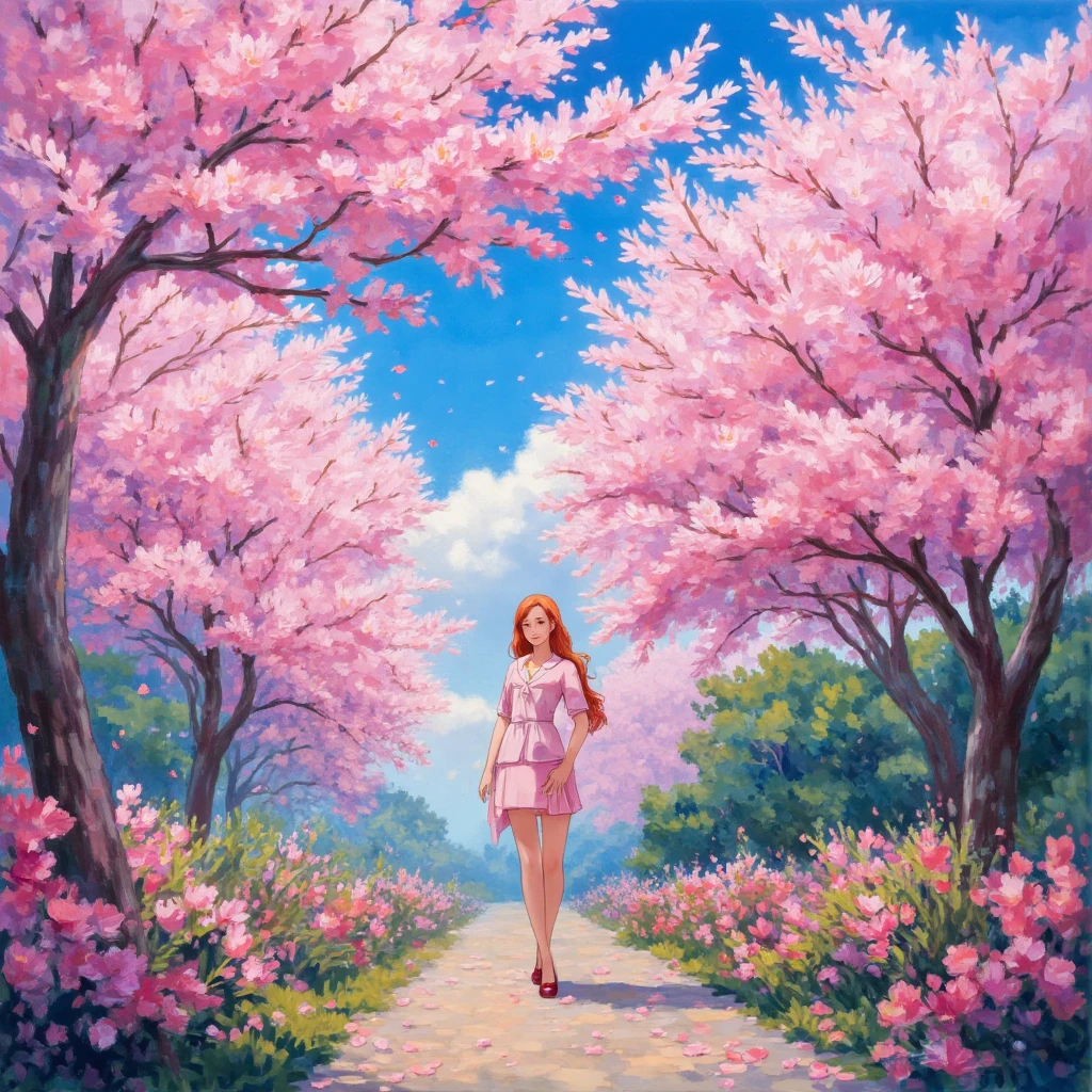 oil painting, Cherry blossoms, Sky (blue), Flowers (pink), Natural scenery, Fresh and clean, Cherry blossom tree, Springtime, Beautiful landscape, Sunlight, Warm atmosphere.
illustrious, dynamic posture, Amidst a dreamscape of colors, a mesmerizing garden enchants, its vibrant petals a feast for the eyes, Dancing and shimmering, intricate details, ultra sharp, fantasy art concept, fantastical fairy tale.

full body, Professional, perfect composition, ultra-detailed, intricate details