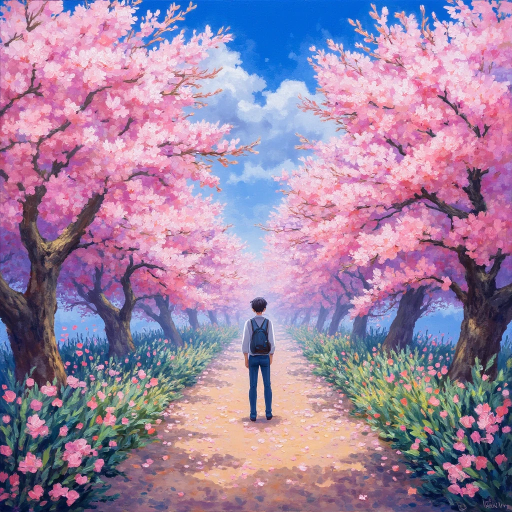 oil painting, Cherry blossoms, Sky (blue), Flowers (pink), Natural scenery, Fresh and clean, Cherry blossom tree, Springtime, Beautiful landscape, Sunlight, Warm atmosphere.
illustrious, dynamic posture, Amidst a dreamscape of colors, a mesmerizing garden enchants, its vibrant petals a feast for the eyes, Dancing and shimmering, intricate details, ultra sharp, fantasy art concept, fantastical fairy tale.

full body, Professional, perfect composition, ultra-detailed, intricate details