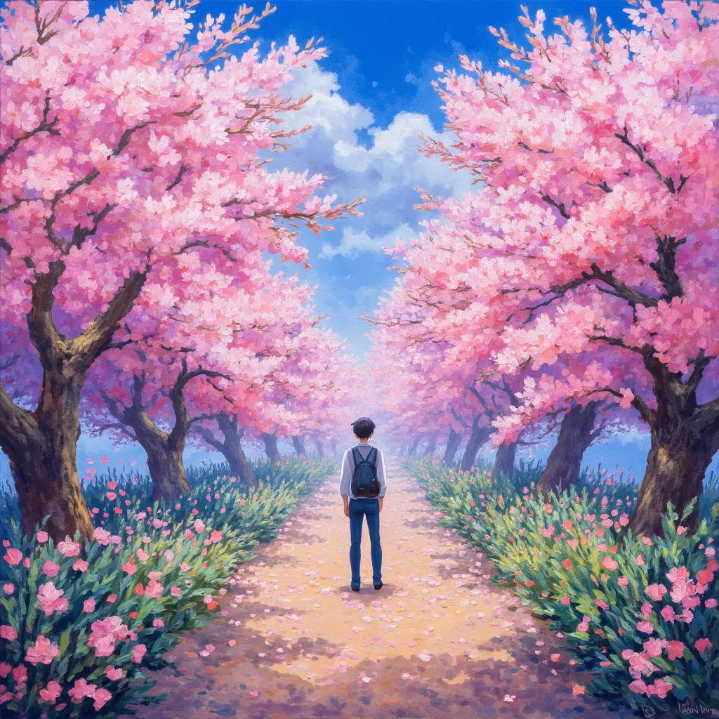 oil painting, cherry blossoms, sky (blue), flowers (pink), natural scenery, fresh and clean, cherry blossom tree, springtime, be...