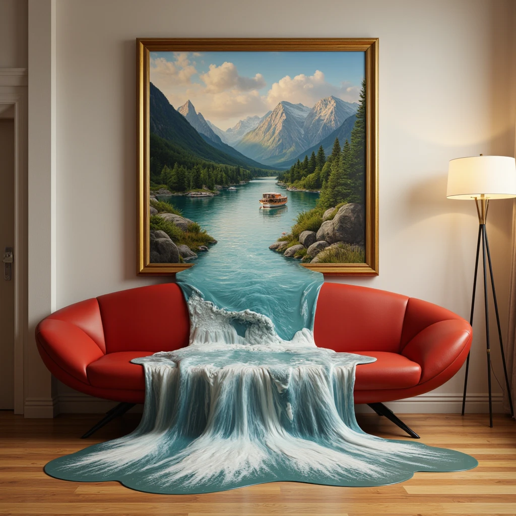 a photograph of a river flowing out of a painting on a living room wall. The painting depicts a serene river between mountains, with a ship gently bobbing in the water. The river spills over a futuristic red couch and the wooden floor, merging the world of art with reality. The living room is furnished with tasteful furniture and a warm, inviting atmosphere.

full body, Professional, perfect composition, ultra-detailed, intricate details