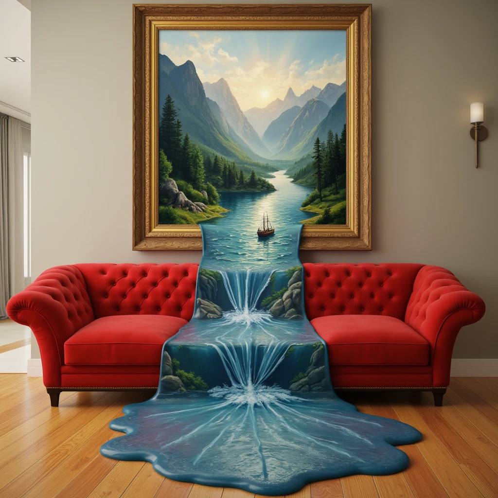 a photograph of a river flowing out of a painting on a living room wall. The painting depicts a serene river between mountains, with a ship gently bobbing in the water. The river spills over a futuristic red couch and the wooden floor, merging the world of art with reality. The living room is furnished with tasteful furniture and a warm, inviting atmosphere.

full body, Professional, perfect composition, ultra-detailed, intricate details