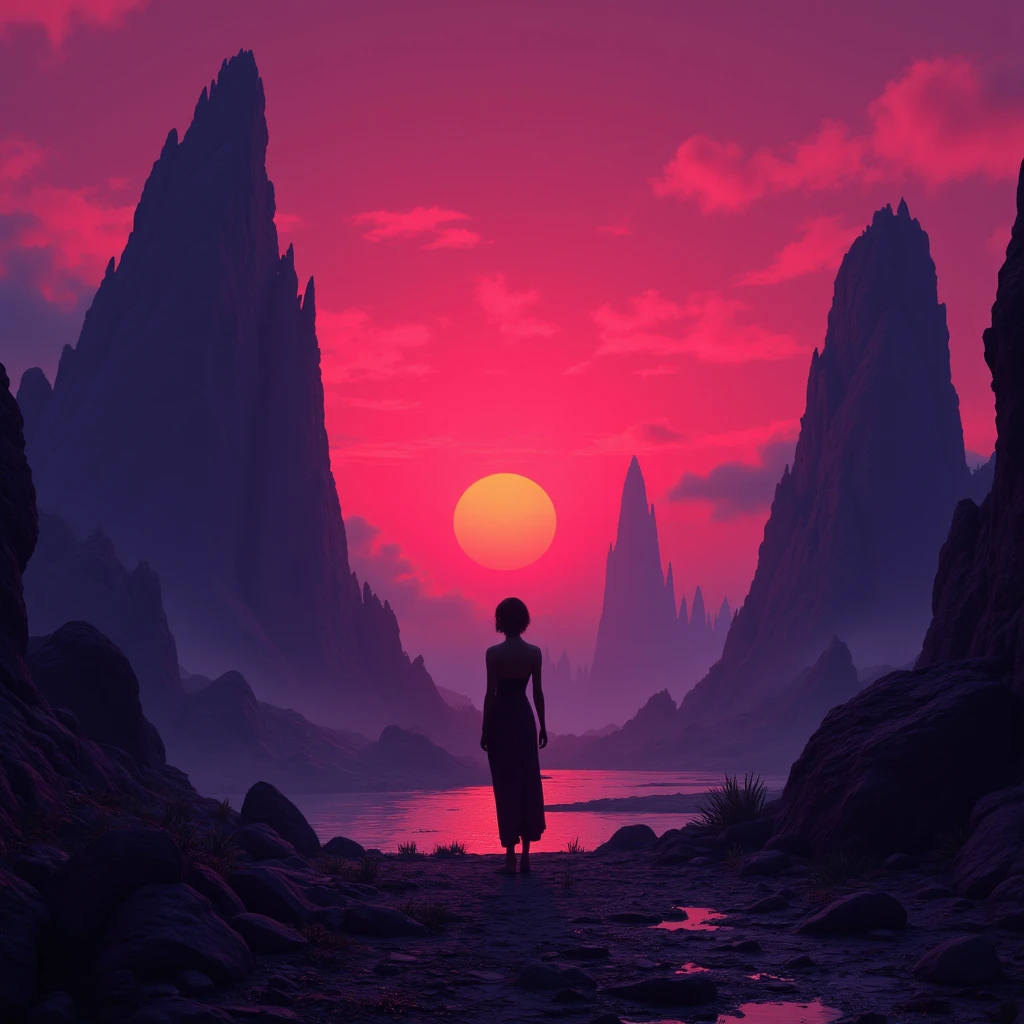 an otherworldly landscape in the style of neon silhouette contrast, dark sunrise.

full body, Professional, perfect composition, ultra-detailed, intricate details