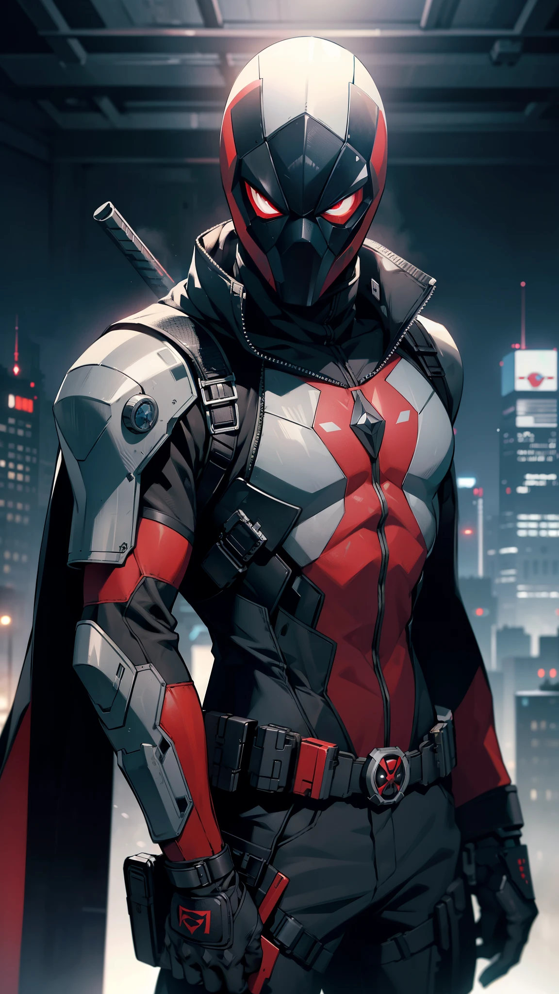 Black and gray modern combat suit, white cyberpunk leather jacket, Fully steel carbon helmet (no visor), vigilante, dark urban background no lights, Dark and windy, masterpiece, realistic, Ultra HD, ultra high resolution, 8K, cinematic, upscale. Slade Mask, dark red accents, no chest armor, deadpool, taskmaster, red hood.