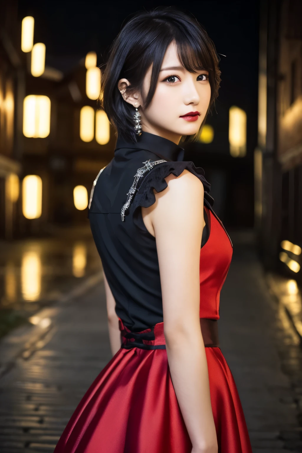 1 girl, (She is wearing a red dress:1.2), (Gothic Makeup), Portrait of a very cute Japanese symphonic metal singer, (RAW Photo Best Quality), (Realistic, Realistic:1.4), (masterpiece), 
Very delicate and beautiful, Very detailed, 2k wallpaper, wonderful, finely, Very detailed CG Unity 8K wallpaper, Very detailed, High resolution, Soft light, 
Beautiful detailed girl, Very detailed目と顔, A beautiful and elegant nose, Beautiful beautiful eyes, Cinema Lighting, 
(She stands in an empty medieval town:1.3), (Night Sky, milky way), (Girl full body silhouette:1.2), (Dark screen:1.5), (I am so lonely), (Please show me your ass),
(short hair), (Messy Hair), 
Perfect Anatomy, Slender body, Small breasts