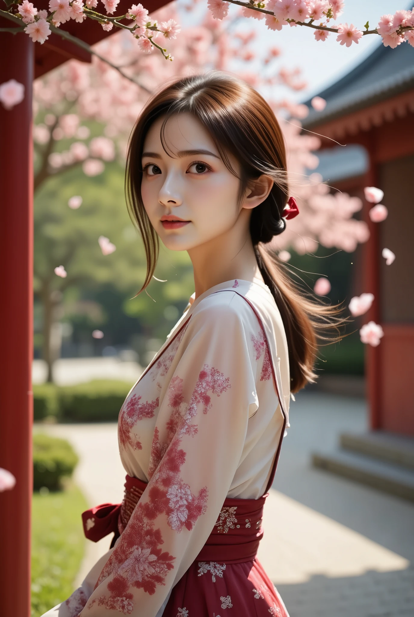 A photo of a serene Japanese woman dressed in a delicate, floral-patterned traditional kimono standing outdoors near a red wooden structure adorned with pink cherry blossoms. The wind gently blows through the scene, scattering numerous cherry blossom petals around her. The woman is smiling softly and gazing into the camera, with her elegant long hair flowing gracefully in the breeze. The kimono features dark red and white colors with soft floral designs, enhancing the peaceful and elegant atmosphere. She is positioned in a tranquil garden with lush greenery and subtle architectural elements in the background, contributing to the calming ambiance of the scene. The soft, natural light filters through the cherry blossoms, creating a radiant glow around her, highlighting the purity and grace of the moment. The sunlight reflects off the petals in the air, casting soft, ethereal beams that further enhance the scene’s sense of serenity and clarity. The overall effect is one of lightness and purity, with a subtle, divine feeling brought on by the interplay of light and nature. Style: cinematic color toned